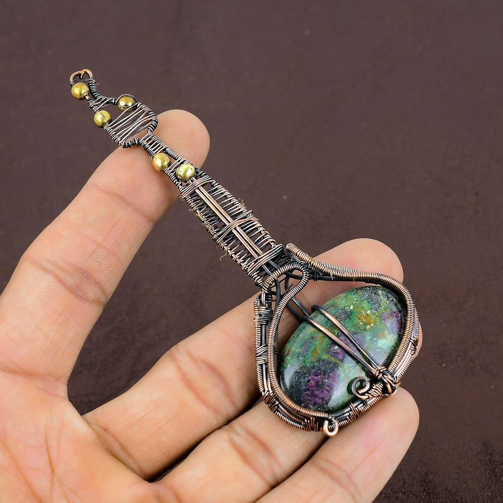 Guitar Ruby Zoisite Lab-Created Handmade Copper Wire Wrap Pendant 4.25" V2e81