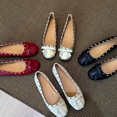 Damen Bowcropped Nieten besetzte Ballerinas Französischer Nietenstil Mary Jane Schuhe für Sommer Flats Damen Tanzbekleidung Slipper Pantoletten