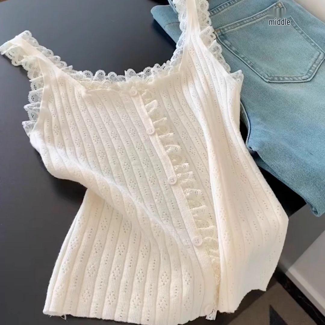 Plus-Size Women s Lace Trim Knit Camisole - Summer 2026 Slimming Vest Top M (Recommended 80-100 jin) белый