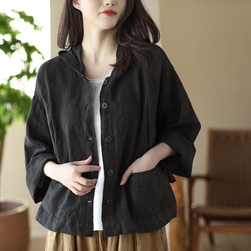 2025 Retro Women’s Cotton Linen Hooded Cardigan - Loose, Thin, Long Sleeve, Sun Protection, Short Jacket for Spring/Summer