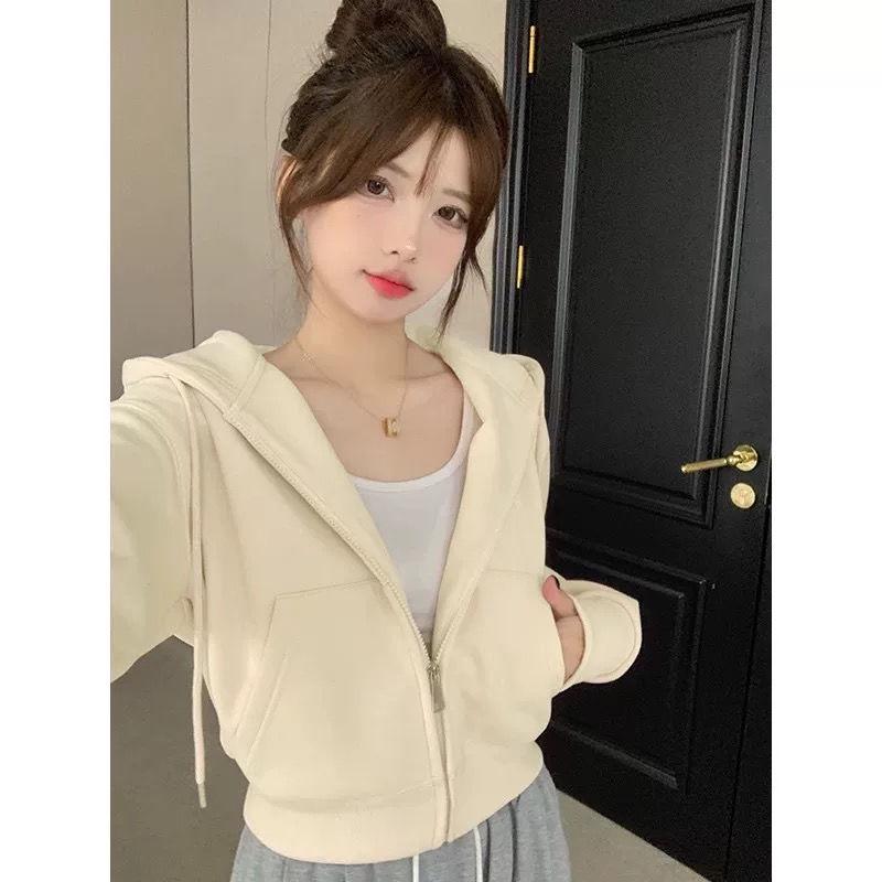 Women's White & Gray Hooded Cardigan Sweatshirt: 2025 Spring/Autumn Loose Fit Short American Style Baseball Jacket