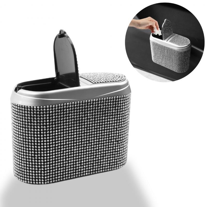Bling Car Trash Can For Women Rhinestone Auto Door Garbage Bin Seat Back Hanging Storage Box Interior Accessories Organizer