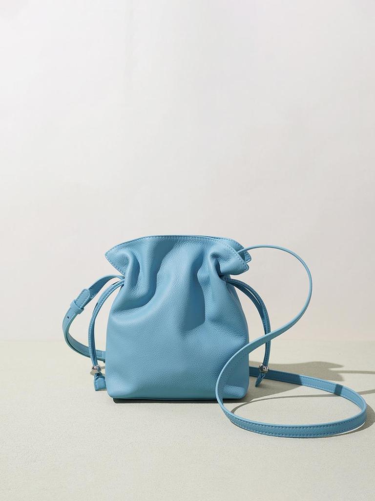 Luxury Mini Furoshiki Drawstring Cloud Handbag - Genuine Leather, Solid Color, Niche Design, Crossbody Bag