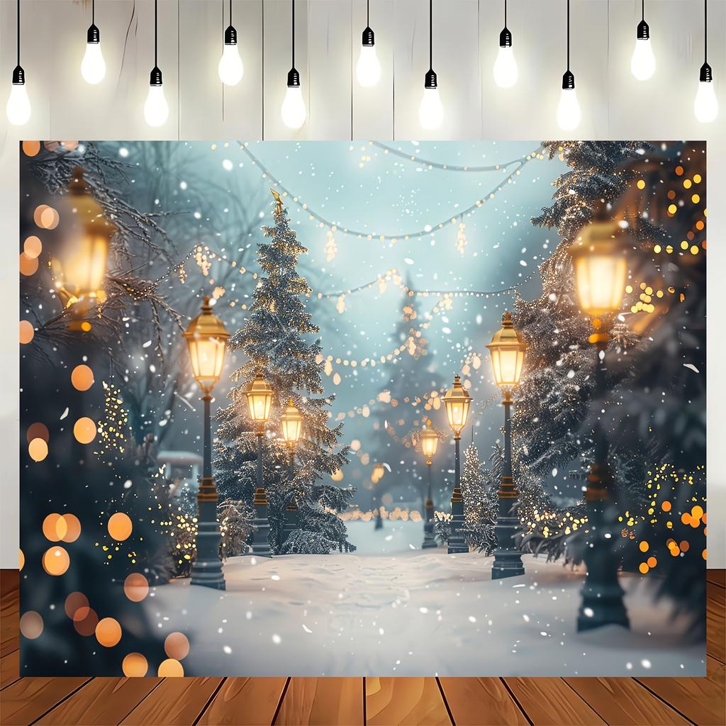 1 Piece of Winter Wonderland Forest Background Cloth - Snow Christmas Pine Tree and Halo Scene