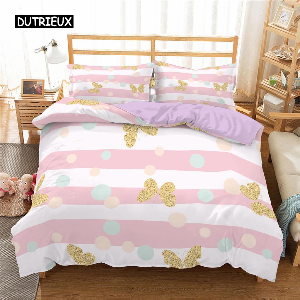 Girl Bed Cover Kit Pink Bow Printed Pattern Kawaii Twin Size Bed Linen Kit Pink Polyester Bedding Collections for Kids Girls Queen Size King Size Size