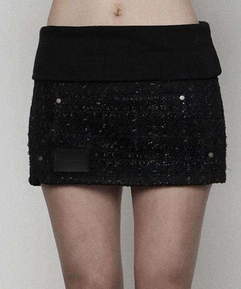 Etosome Rib Hoodie Pocket Tweed Skirt ( Black )