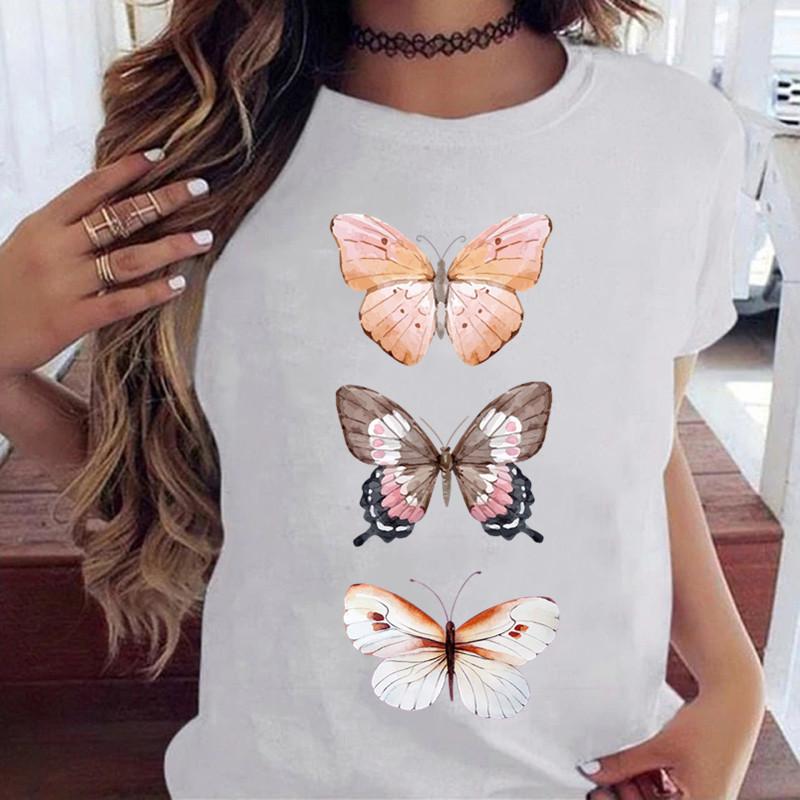 Women's Butterfly Tree Printed Harajuku Summer T-shirt Casual Round Neck Short Sleeve Top T-shirt Fashion Versatile Clothing