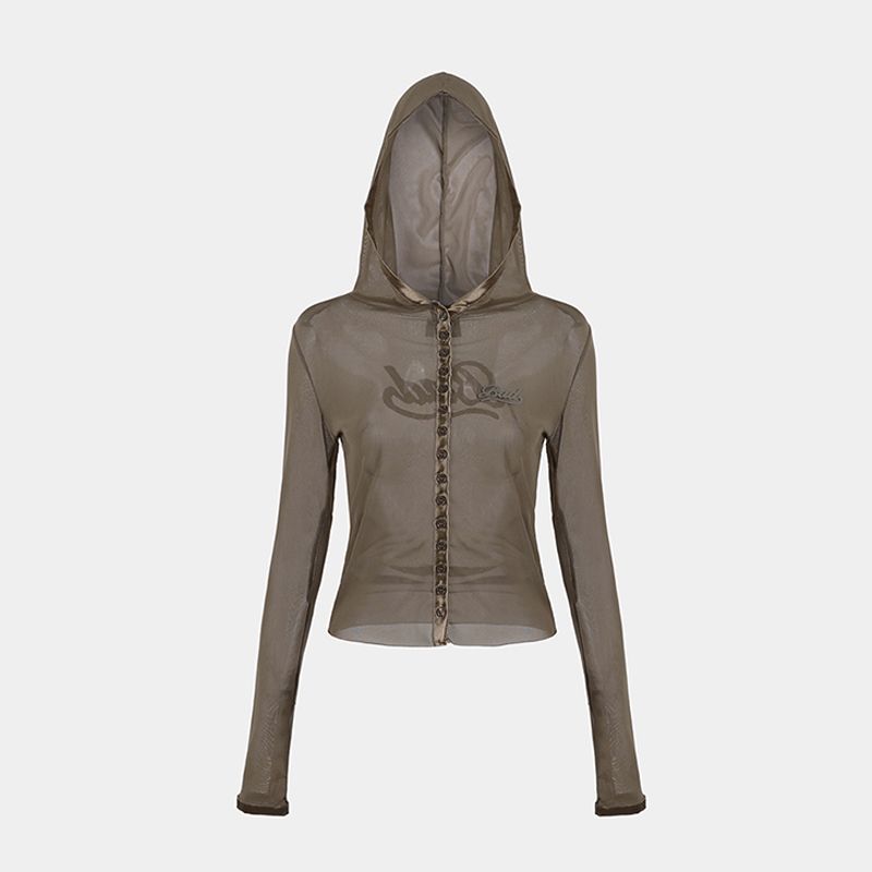 

Badblood South Korea Sun Protection Shirt Women s See-through Single-Breasted Hoodie Sexy American Long Sleeves Letter Cardigan Outwear Tobacco color M