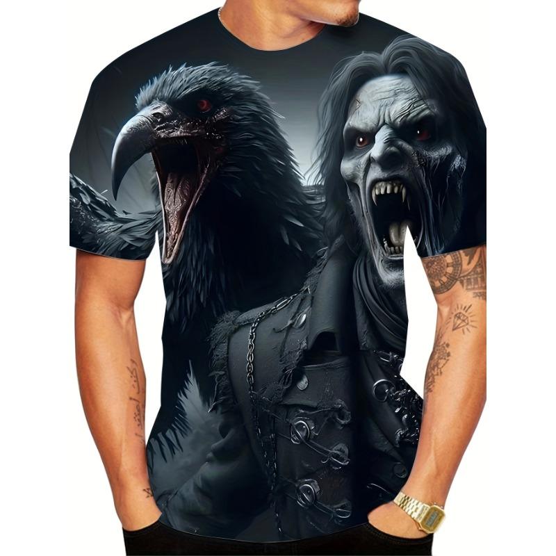 

3D Printed Crow and Vampire Pattern T-Shirt- Casual Crew Neck, Stretch Fabric, S