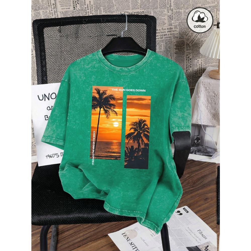 Beautiful Coconut Tree Beach Scenery Print Women Washed T Shirt Cotton T-Shirts Vintage Loose Short Sleeves Sportswear
