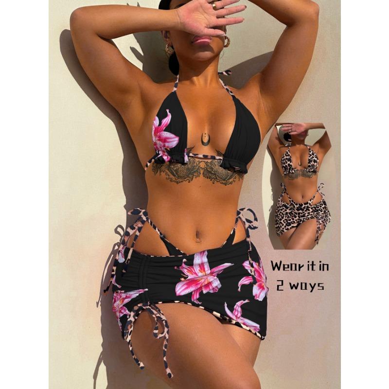 Women Sexy Three Piece Printed Reversible Bikini Swimsuit Female Beach Swimming Wear