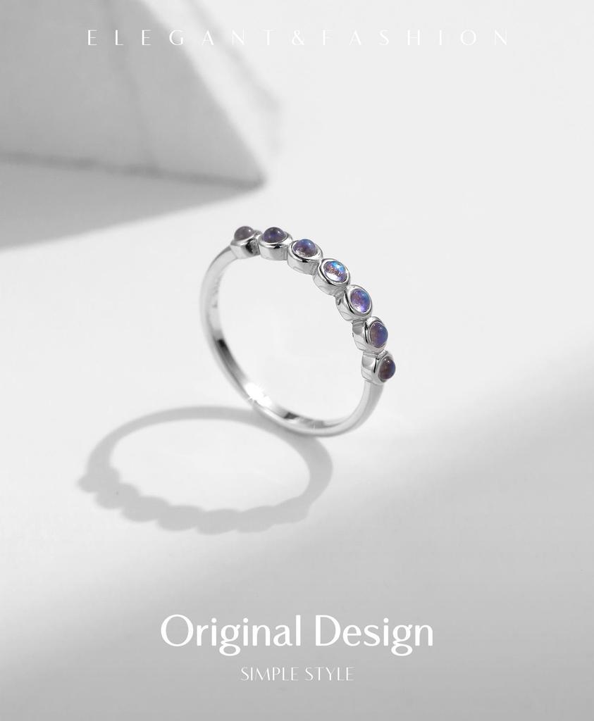 MODIAN S925 Sterling Silver Moonstone Ring for Women, Korean Style with Zirconia, Stackable Elegant Index Finger Ring.