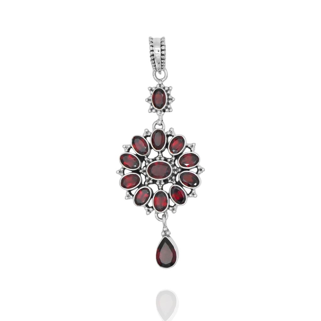 Floral Garnet Pendant: 925 Sterling Silver Dangle Jewelry