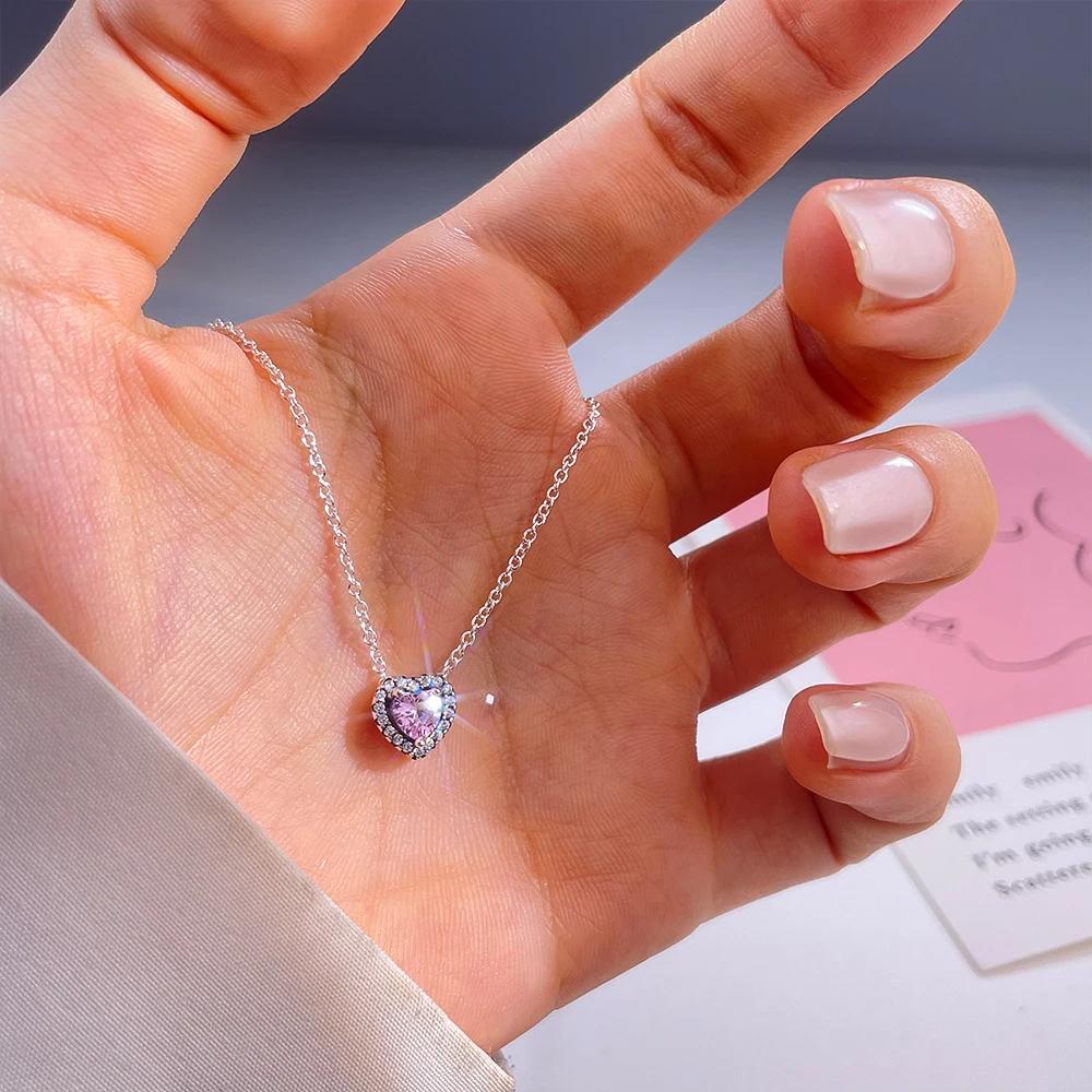 925 Silver Heart-Shaped Shiny Zircon Elevated Red&Pink&Blue&White Heart Necklace Lover's Gift Fine Jewelry for Women