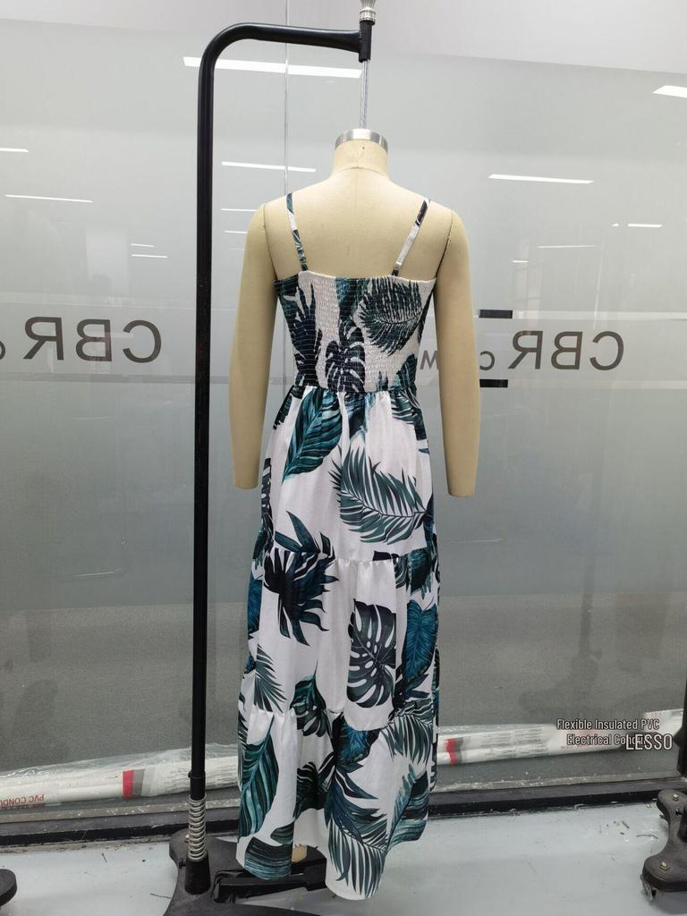 Elegant High-Waist Printed Suspender Dress - Solid Color, Cross-Border Trend