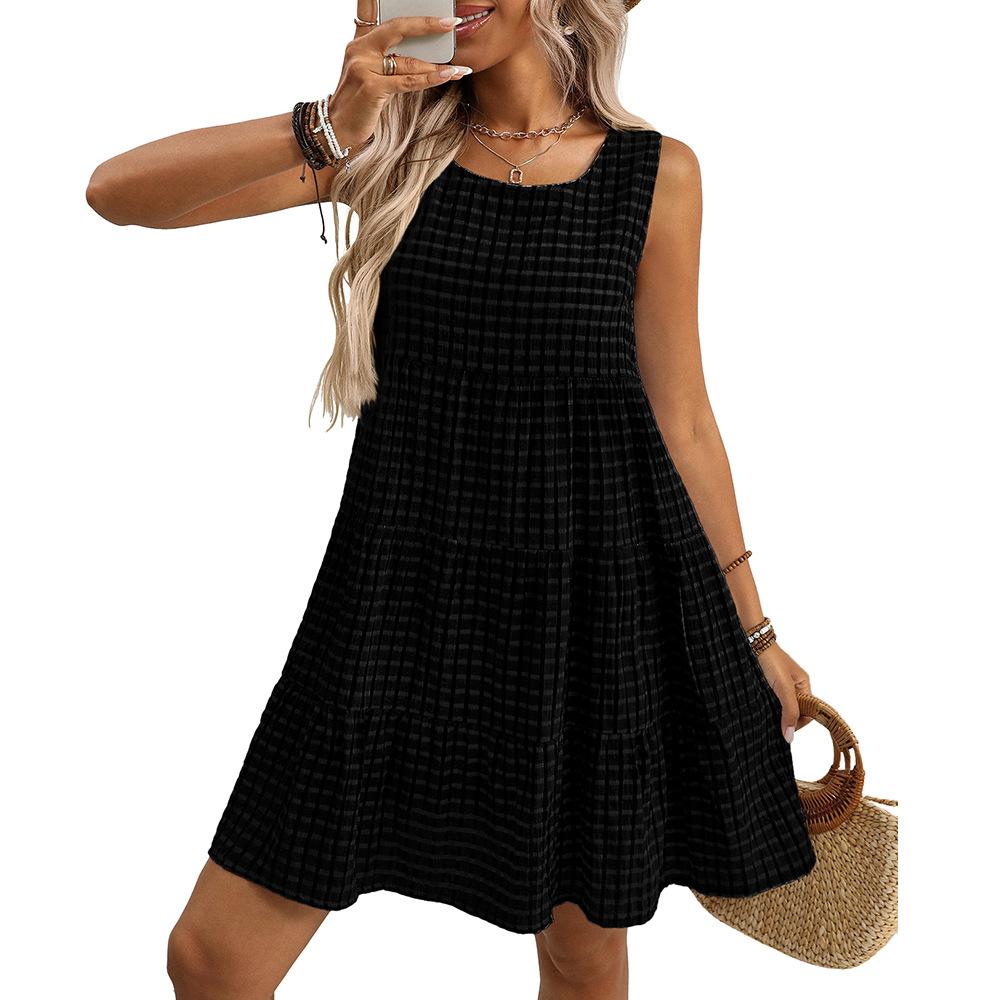 Women's Pink Checkered Tiered Sundress Summer Casual Sleeveless Dress with Layered Skirt