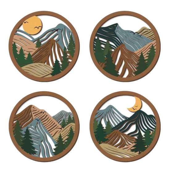 Boho Home Decor 4Pcs Wooden Mountain Wall Art, 2D Flat Abstract Landscape Decor, Geometric Forest Hanging Office Decoration Sign, Natural Artwork, Sun