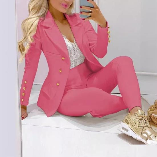 2 Pcs/Set Women Suit Coat Pants Set Lapel Button Decor Mid Length Cardigan