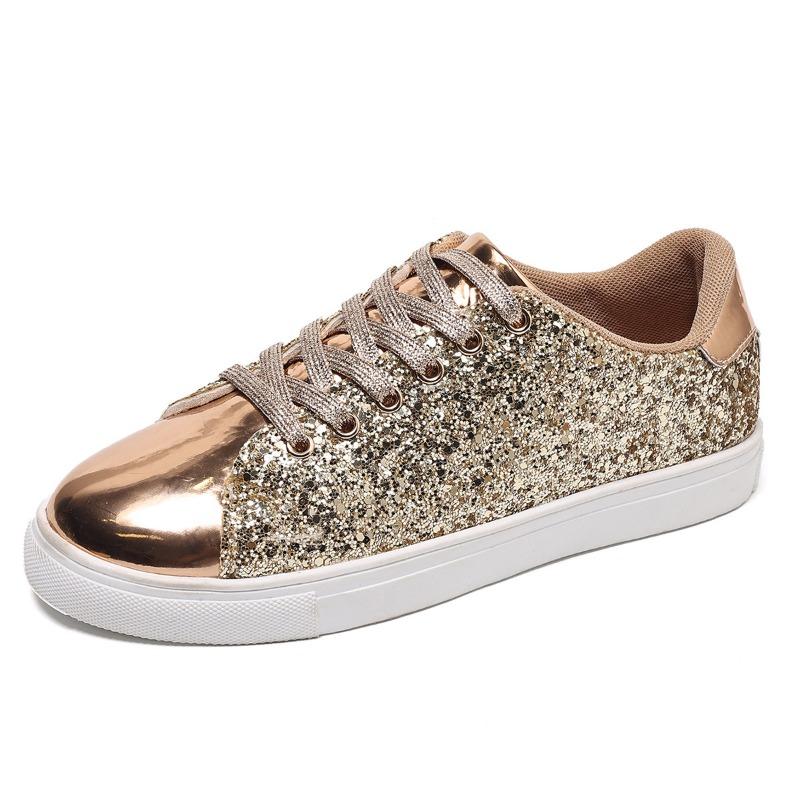 2025 Summer New Arrival Plus Size Sequined Front Lace-Up Solid Color Oversized Sneakers