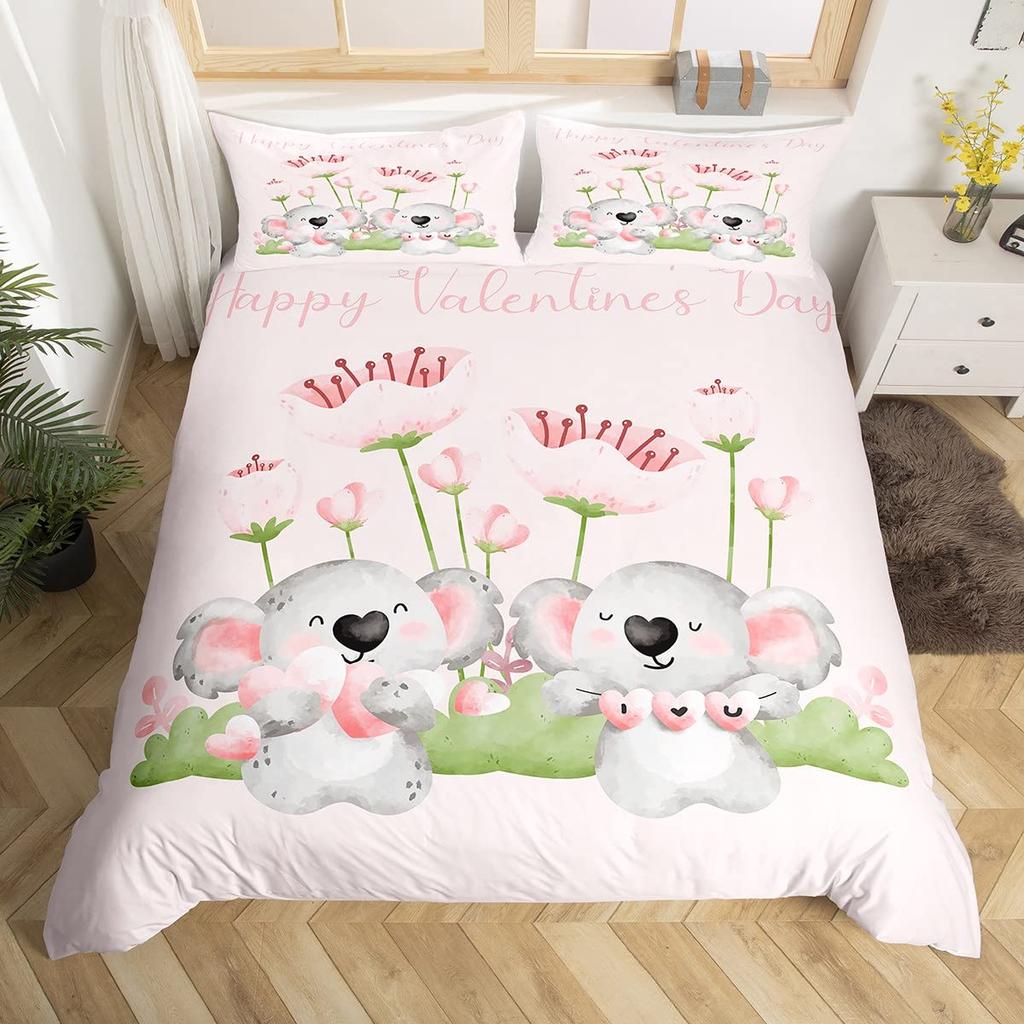 Urocza Poszwa na Kołdrę Koala Rozmiar Twin, Różowy Zestaw Pościeli z Balonem na Gorące Powietrze, Akwarelowy Kwiatowy Zwierzęcy Pokrowiec na Kołdrę, Kreskówkowy Pokrowiec na Kołdrę