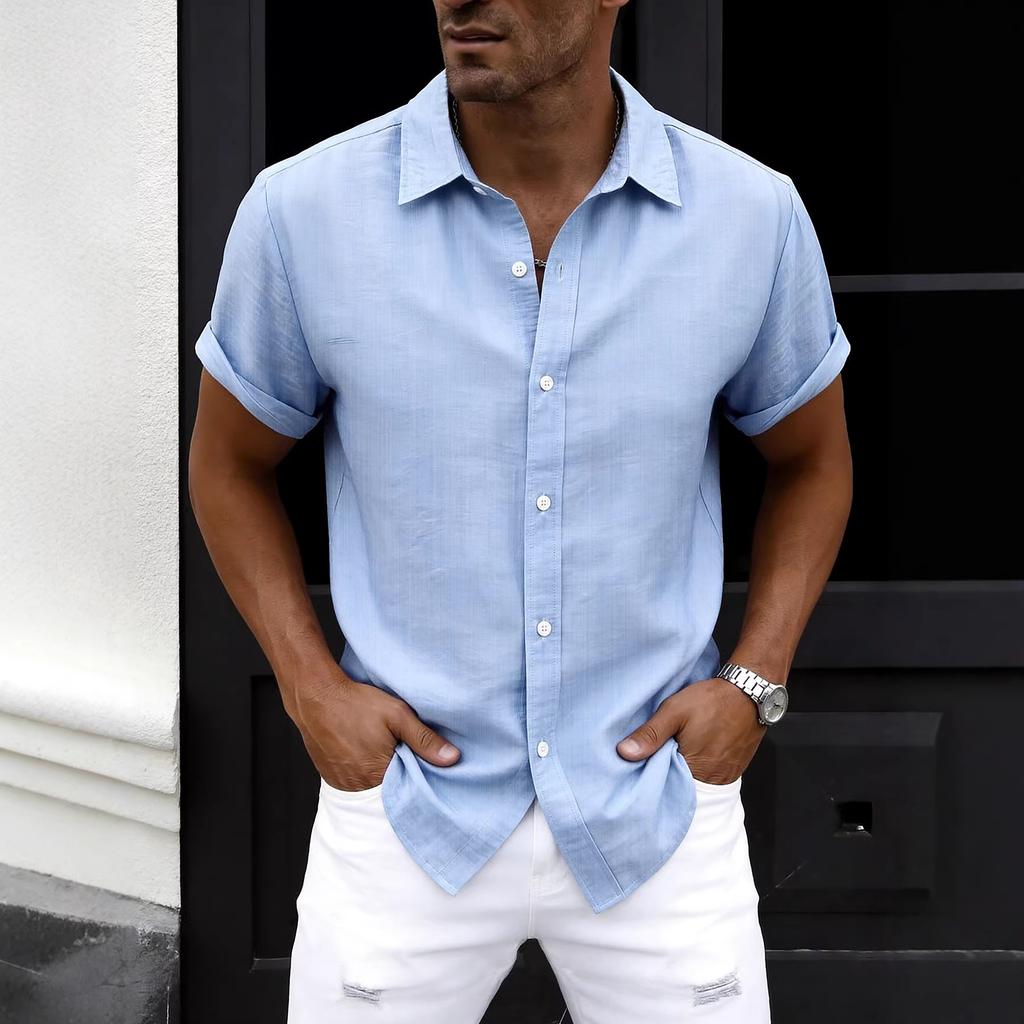 New summer men's plus size shirt teen solid color short-sleeved lapel shirt top men's