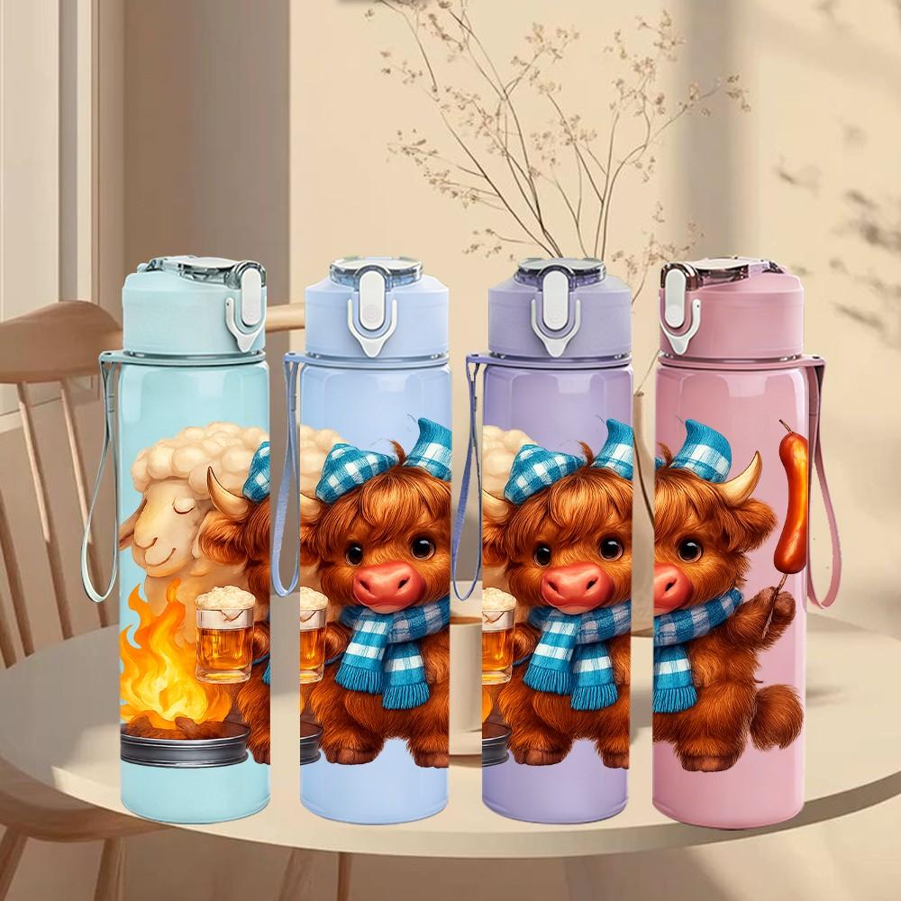 1PC Cozy Bear Campfire Winter Pattern 750ml Color Plastic Sports Water Bottle Leakproof Flip Straw Lid Suitable for Sports Office Home Use