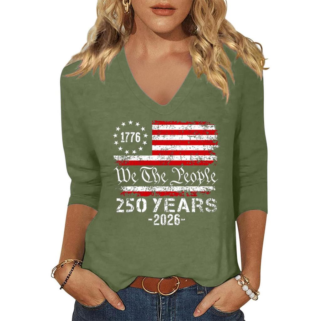 Womens V Neck Three Quarter Sleeve Top with 1776 Flag Graphic We The 250 Years 2026 Print Casual Loose Fit Shirt