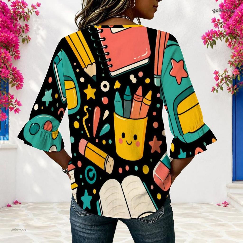 Womens Plus Size V Round Neck Mid Sleeve Front Button Chic Casual Loose Comfortable Weekend Ladies Blouse