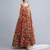 Long Skirt Plus Size Women's Summer Retro Ethnic Style Loose Printed Sleeveless Cotton and Linen Long Pullover Vest Dress