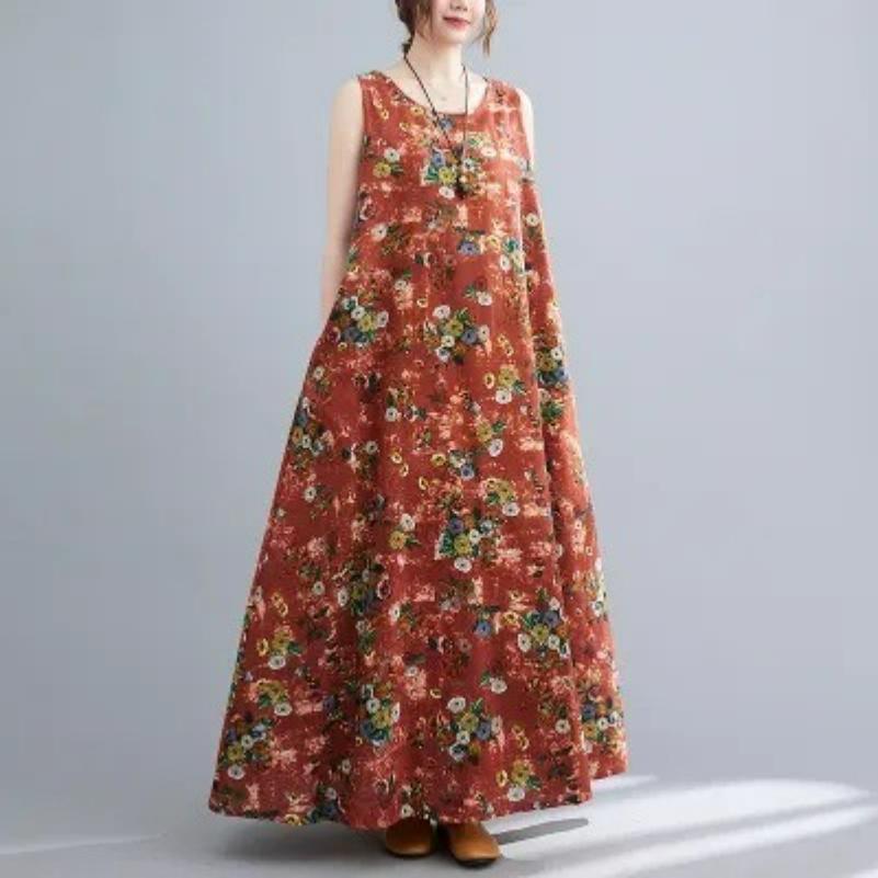 Long Skirt Plus Size Women's Summer Retro Ethnic Style Loose Printed Sleeveless Cotton and Linen Long Pullover Vest Dress