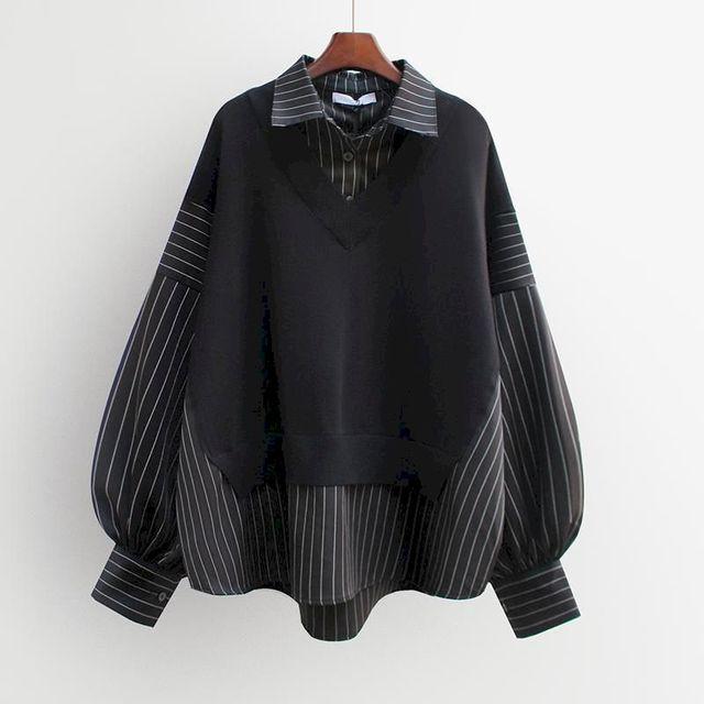 Suéteres de primavera y otoño para mujer, camisa de dos piezas con costuras falsas, suéter holgado de estilo coreano, camisa adelgazante, Tops para mujer