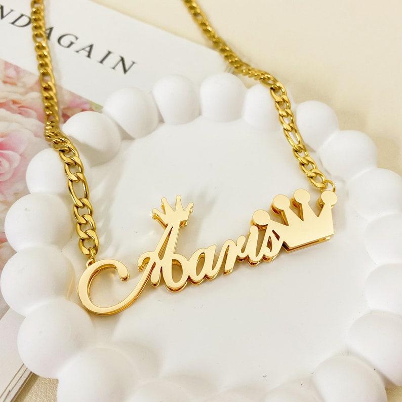 Stainless Steel Gold Plated Customizable Double Layer Crown Name Necklace and Twisted Hoop Earrings Wedding Jewelry Set