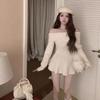 2024 Women Sweater Sweet Slash Neck Off Shoulder Ruffles Autumn Winter Slim Stretch Elegant Knitted Tops Ladies Pullover