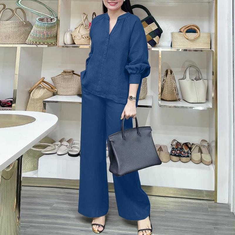 ZANZEA Bluzka z długim rękawem i spodnie damskie, casualowe dwuczęściowe zestawy garniturowe