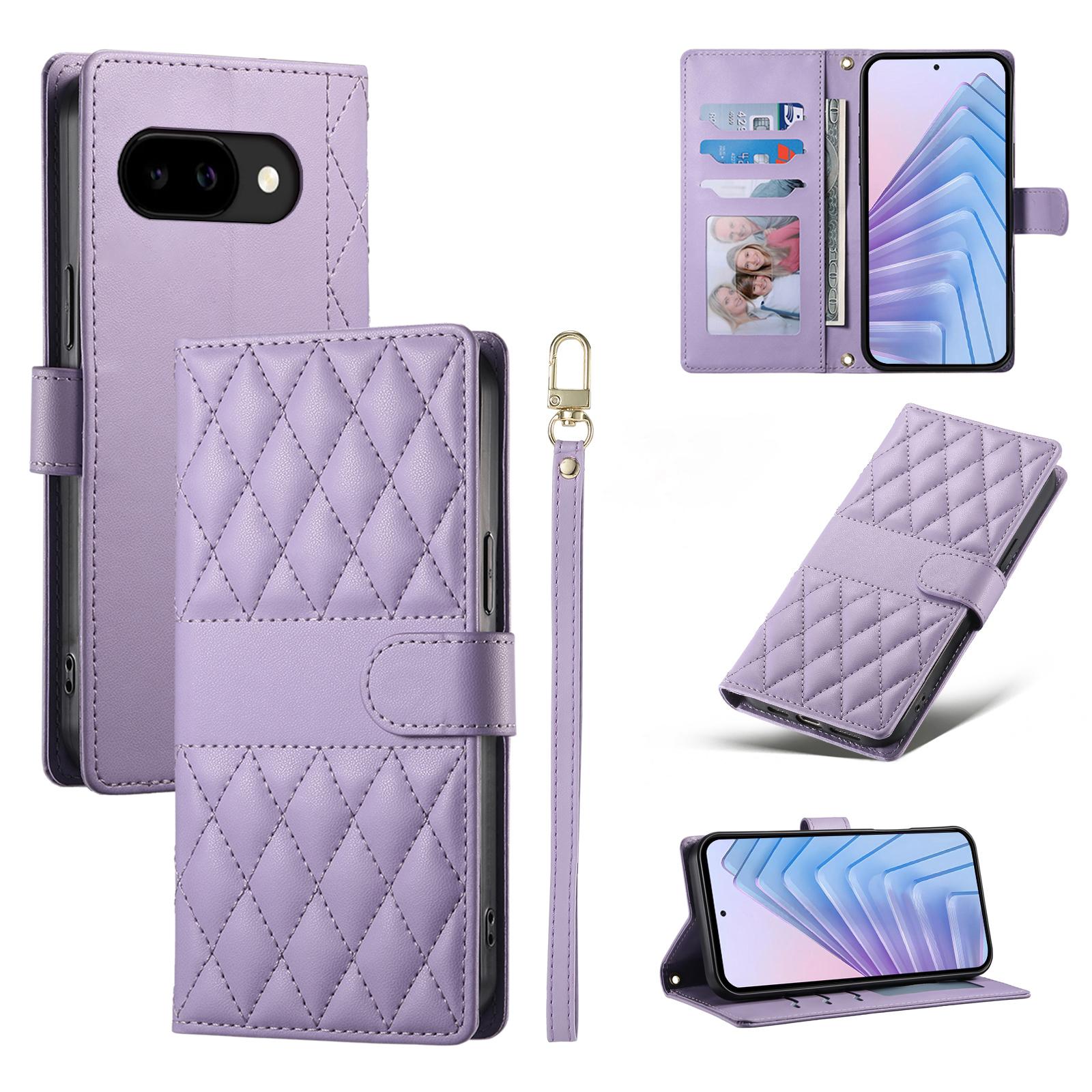 For Google Pixel 10a Wallet Case Rhombus Stitching Stand Leather Phone Cover with Long/Short Strap