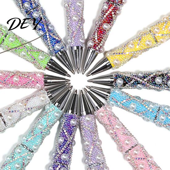 Creative Gift for Women DIY Beadable Pen, Bling Rhinestones And Faux Pearls Beaded Office Desk Accessories Black Ink Ballpoint Pen School Supplies