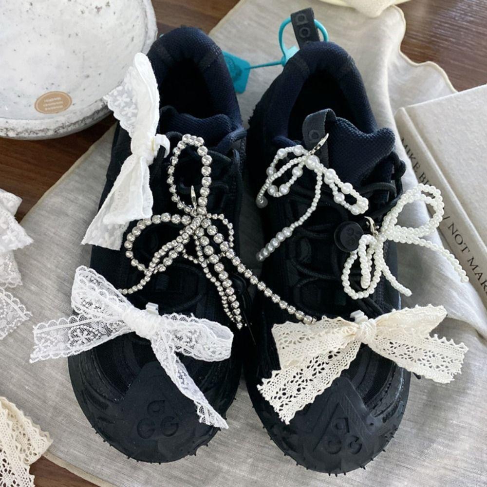 

Crystal Bead Bowknot Shoes Charm Handmade Lace Bow Shoelaces Clips Buckle Decoration Style A