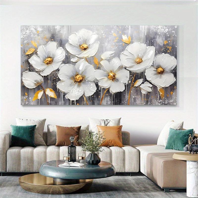 Abstract White Flower Oil Painting Printed On Canvas Golden Floral Flower Posters and Prints for Living Room Wall Decor Cuadros