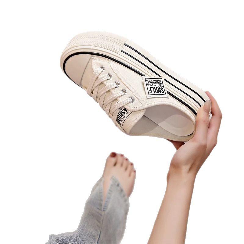 Canvas half slippers women's summer outer wear new high-end thick bottom heightened no heel lazy