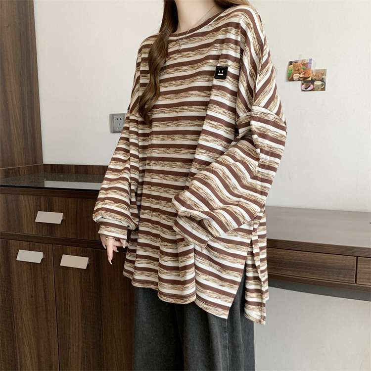 Plus Size Women Spring Autumn Long Sleeve T-shirts Vintage Striped Loose Casual Tops Oversized Crew Neck Tshirts