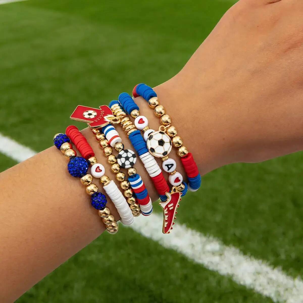 

SHIXIN Colorful Beaded Bracelet Set Football Basketball Letter Charms Hand Chain Women Men Sports Jewelry Stackable Bracelet New