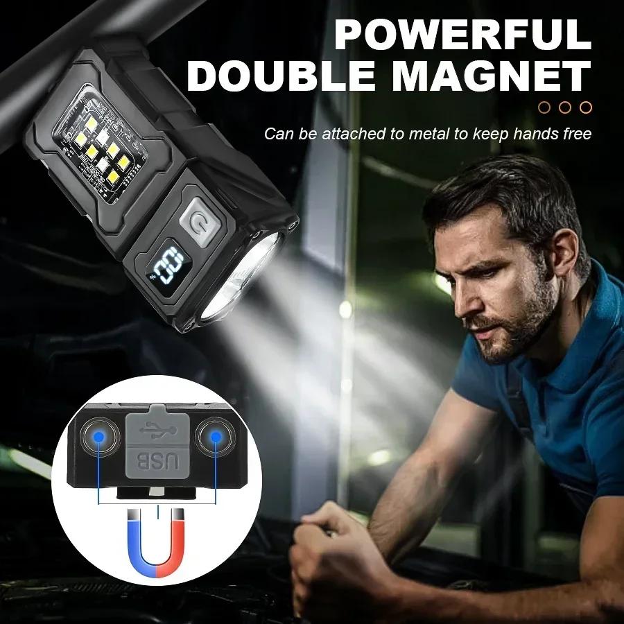 Mini USB Rechargeable LED Flashlight - Portable Super Bright Torch with Tail Magnet, Side COB Emergency Light & Camping Lantern