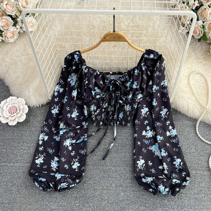 

Lantern Long Sleeve Pleated Tie Western Style Exposed Navel Shirt Black One size