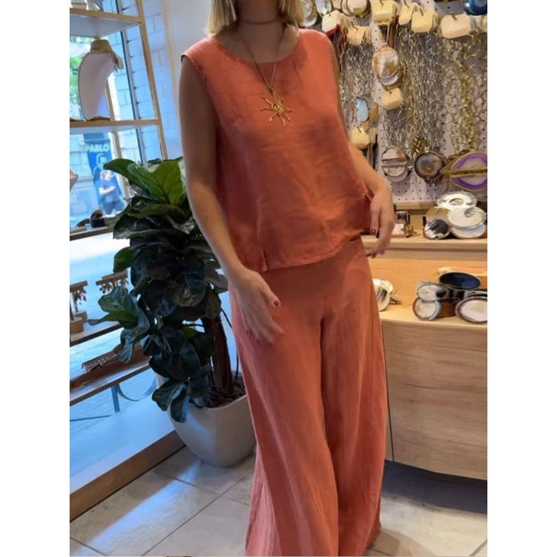 

European and American Women Casual round Neck Vest Sleeve Length Pants Set two piece Two Piece Pants Set Orange Red XXXL