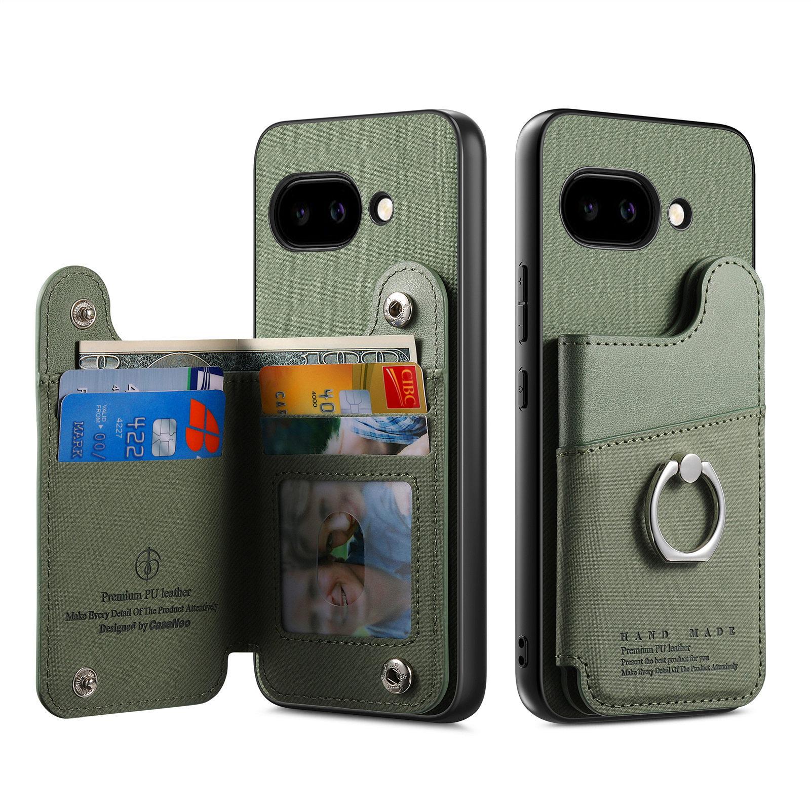 

For Google Pixel 9a Case with Card Holder Kickstand Leather+TPU+PC Phone Cover Khaki