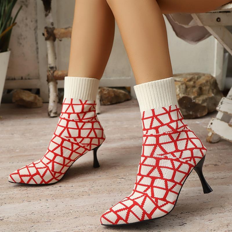 Fashion Colorblock Knit Breathable Cloth Slim Heel Single Boots Women's Fashion Pointed Toe Sleeve Non-Slip Wear-Resistant High Heels