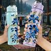 1PC Blue Floral Watercolor Vintage Pattern 750ml Color Plastic Sports Water Bottle Leakproof Flip Straw Lid Suitable for Sports Office Home Use