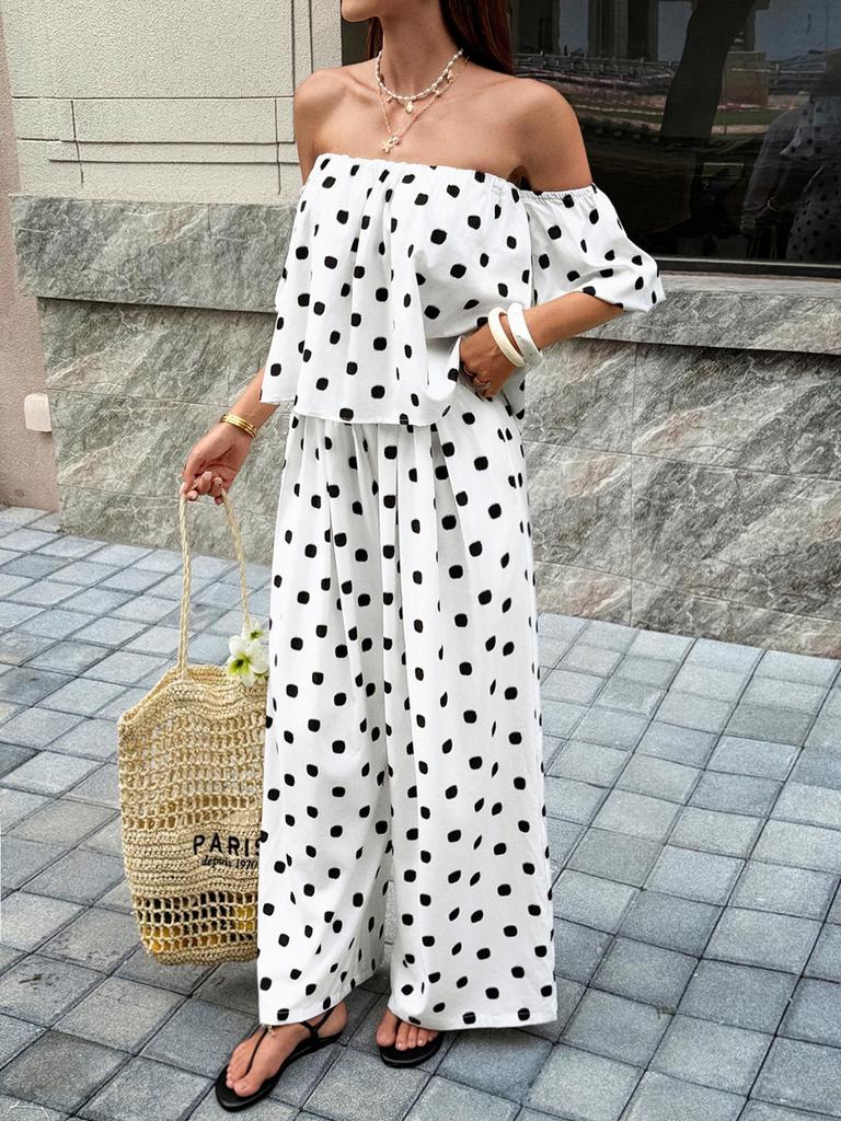 European & American Style Women's Polka Dot Off-the-Shoulder Set - Spring/Summer 2026 Fashion for Casual Commutes