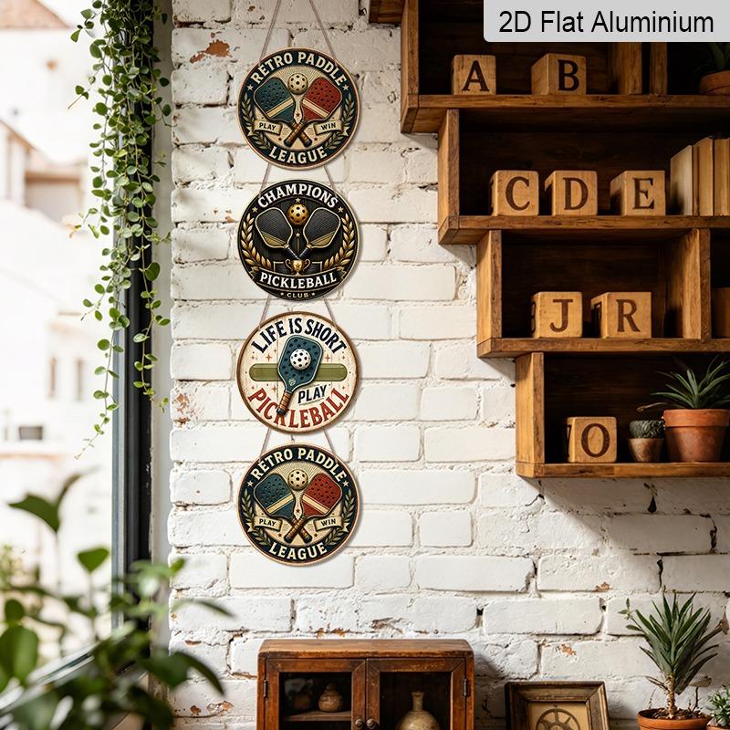 2D Flat, 4Pcs Retro Pickleball Aluminum Round Hanging Sign Set, Pickleball Paddle Champion Club Metal Wall Pendant, Garage Bar Patio Club Home Wall