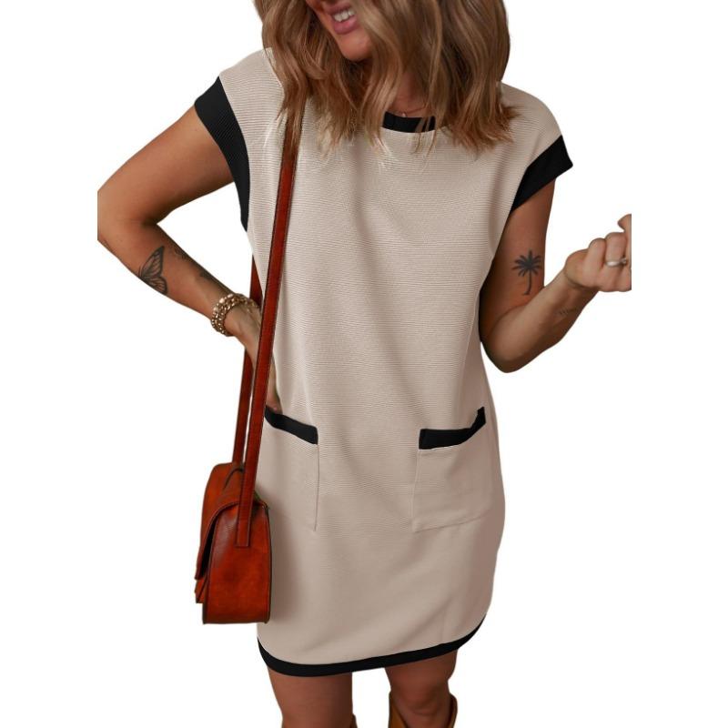 Damen Farbblock Kurzarm Pullover Tasche A-Linie T-Shirt Kleid
